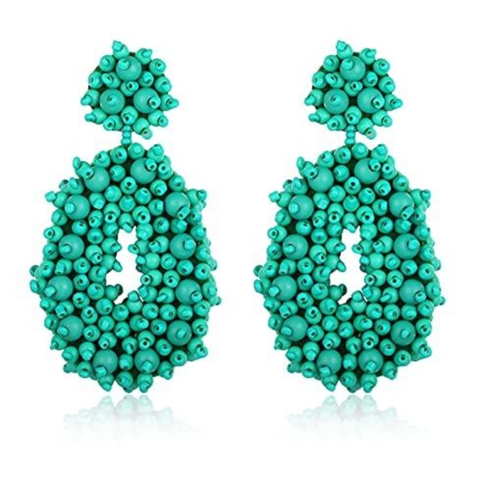 Turquoise Beaded Drop Earrings Bohemian Teal Statement‎ Hoop Dangle Jewelry